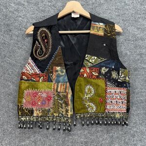 MIC Fashion Vest Women M Medium Black Geometric V-Neck Open Front Sleeveless